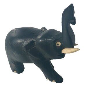 Vtg Ebony Wood Hand Carved Elephant Figurine Ceylon Sri Lanka Trunk Up Good Luck